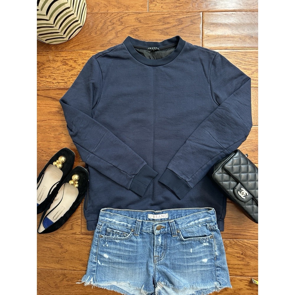 Theory Womens S Navy Blue 100% Cotton Crewneck Sweatshirt Pullover Pocket